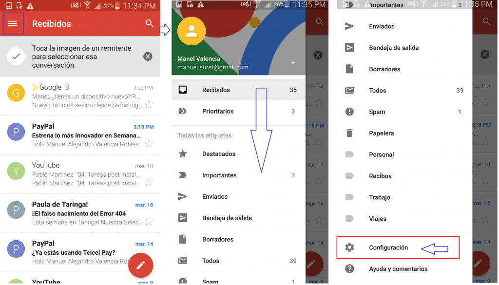 2.‐ Dentro de correo nos vamos a configuración, como lo muestra la siguiente imagen.
