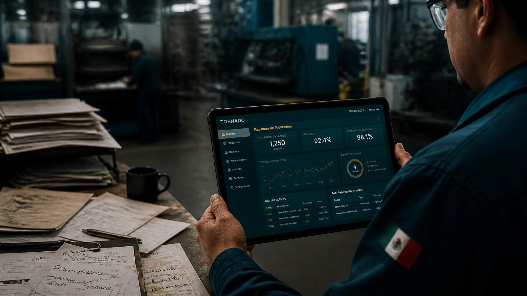 Contraste entre el caos de archivos de papel y la eficiencia de un software a medida para manufactura