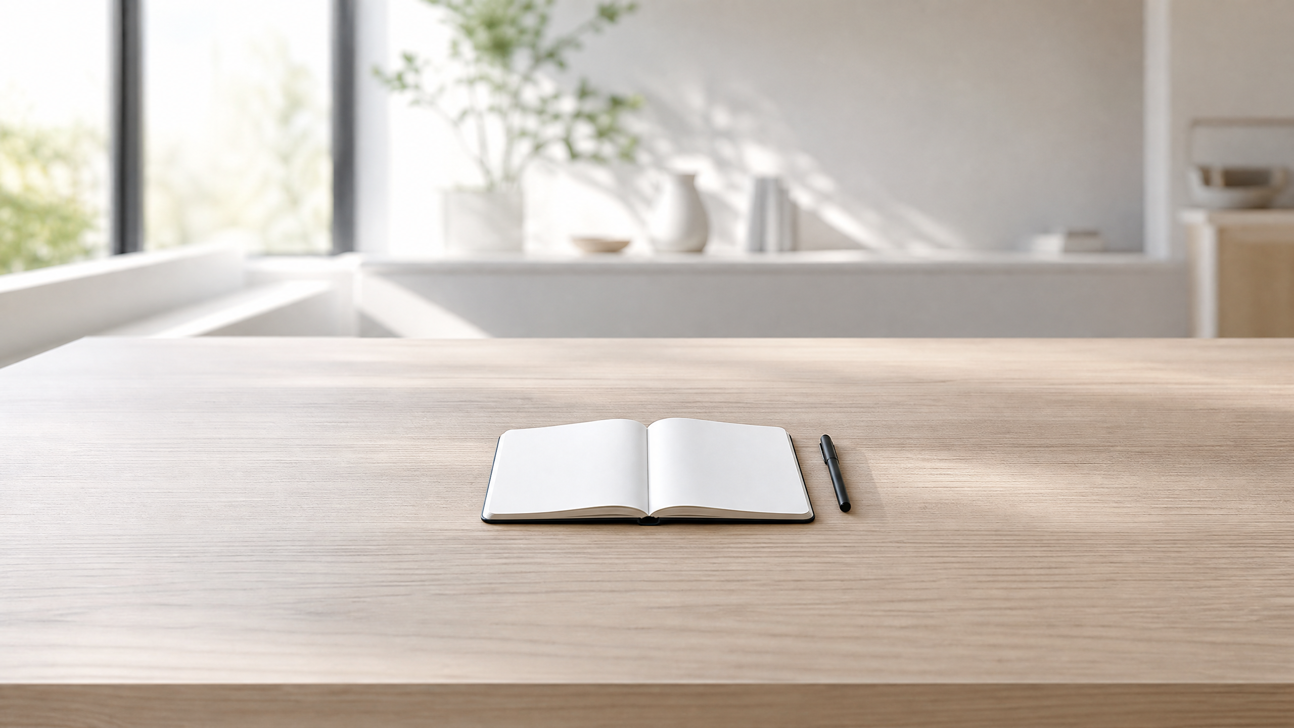 Libreta abierta en blanco sobre fondo despejado con amplio espacio negativo, símbolo del foco y el crecimiento sostenible de una pyme